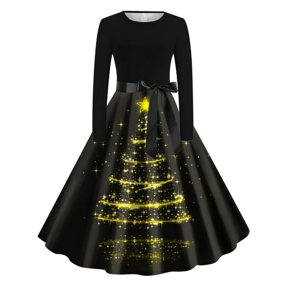 VBVC No Boundaries Christmas Dresses for Women,Ladies Winter A-Line Dresses,Women's Glittering Christmas Tree Outfits,Black,Size L