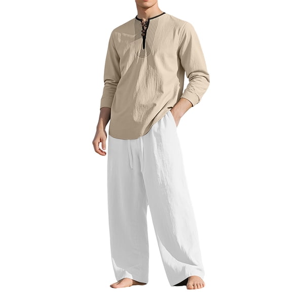 VBVC No Boundarie Men's Oversized 2 Piece Linen Outfits,Long Sleeve Henley Top and Wide Leg Pants Set,Button Matching Sets For Men,Beige,Size M