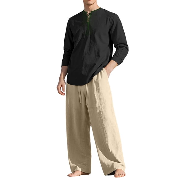 VBVC No Boundarie Men's Oversized 2 Piece Linen Outfits,Long Sleeve Henley Top and Wide Leg Pants Set,Button Matching Sets For Men,Dark Blue,Size L