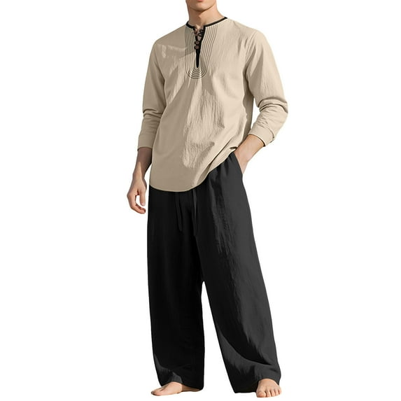 VBVC No Boundarie Men's Oversized 2 Piece Linen Outfits,Long Sleeve Henley Top and Wide Leg Pants Set,Button Matching Sets For Men,Khaki,Size XXXL