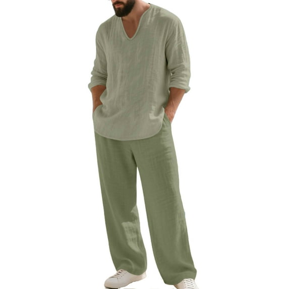 VBVC No Boundarie Men's Plus Size 2 Piece Linen Set,V-Neck Pullover and Wide Leg Pants Set,Beach Vacation Outfit For Men,Army Green,Size XXL