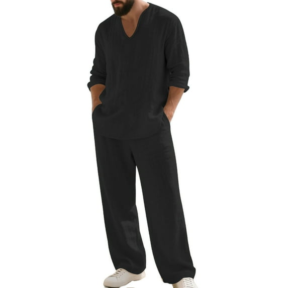 VBVC No Boundarie Men's Plus Size 2 Piece Linen Set,V-Neck Pullover and Wide Leg Pants Set,Beach Vacation Outfit For Men,Black,Size M