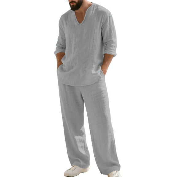 VBVC No Boundarie Men's Plus Size 2 Piece Linen Set,V-Neck Pullover and Wide Leg Pants Set,Beach Vacation Outfit For Men,Gray,Size XL