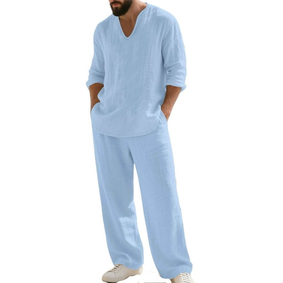 VBVC No Boundaries Men's Plus Size 2 Piece Linen Set,V-Neck Pullover and Wide Leg Pants Set,Beach Vacation Outfit For Men,Light Blue,Size XXXL