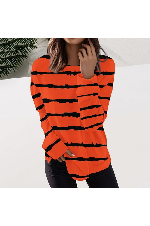 Women Crew Neck T Shirts,Long Sleeve Pullover Tops, Women's Striped Color Block Sweatshirts,#Orange,Size M