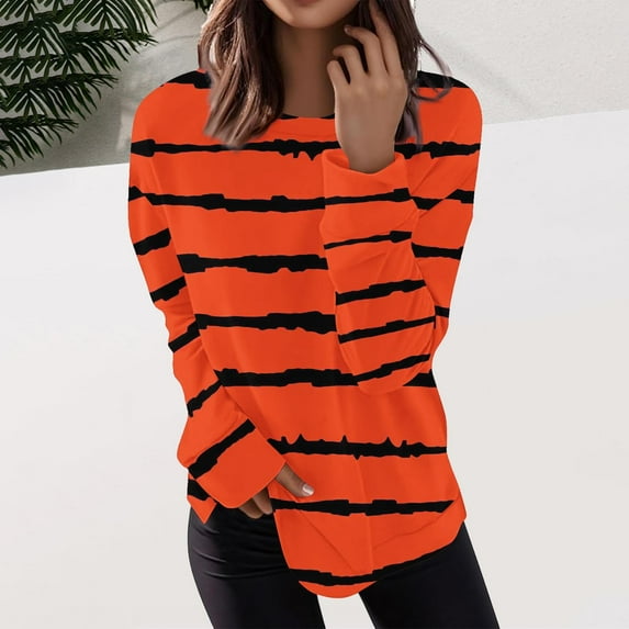 VBVC Women Crew Neck T Shirts,Long Sleeve Pullover Tops, Women's Striped Color Block Sweatshirts,#Orange,Size XXL