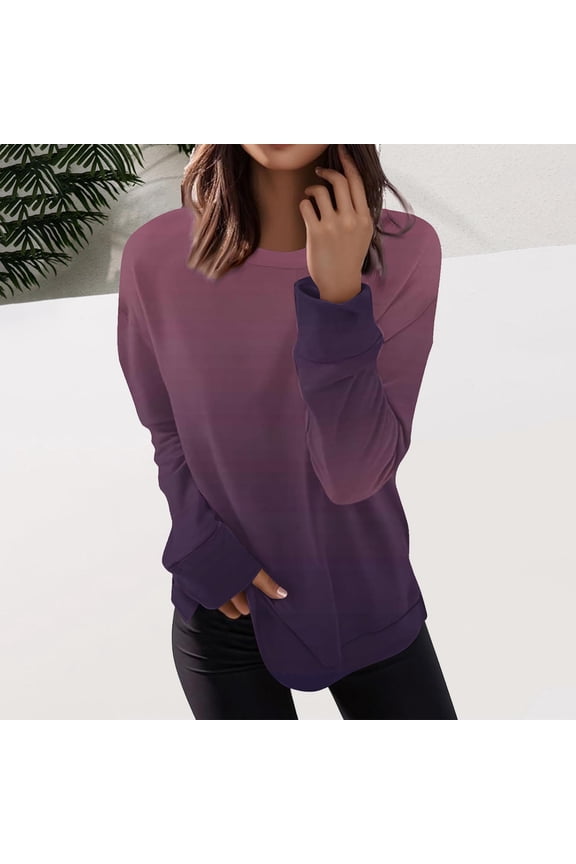 Women Crew Neck T Shirts,Long Sleeve Pullover Tops, Women's Striped Color Block Sweatshirts,Purple,Size M