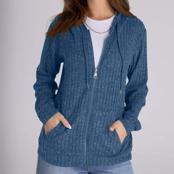 VBVC No Boundaries Women Long Sleeve Drawstring Sweatshirts, Zip Up Hoodie, Women's Coat with Pocket Top,Blue,Size XL