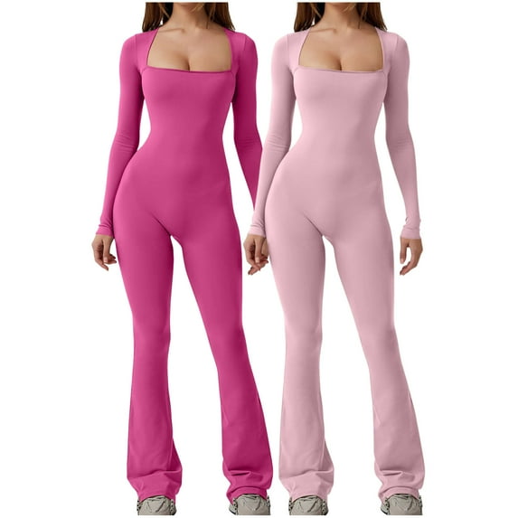 VBVC No Boundaries Women's 2 Piece Square Neck Jumpsuits,Ladies Butt Lift One Piece Pants,Slimming Bodysuits Pants For Women,Pink,L