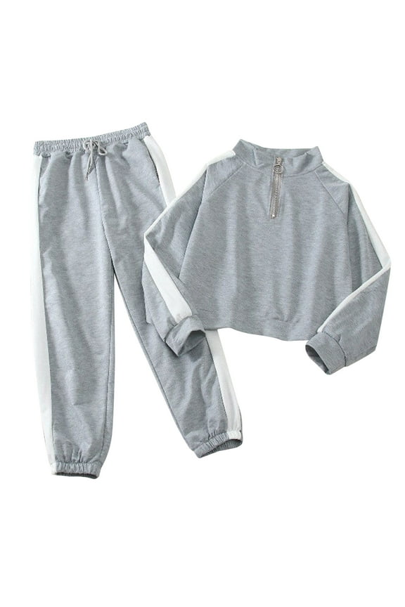 No Boundarie Women's 2 Piece Y2K Sweatsuit,Half Zip Crop Top and Jogger Pants Set,Ladies Color Block Lounge Tracksuit,Gray,Size XL