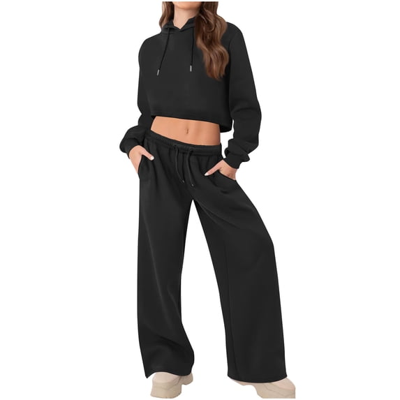 VBVC No Boundarie Women's 2 Piece Y2k Lounge Sets,Cropped Hoodie and Wide Leg Sweatpants Set,Drawstring Pocktes Sweatsuits For Women,Black,Size L