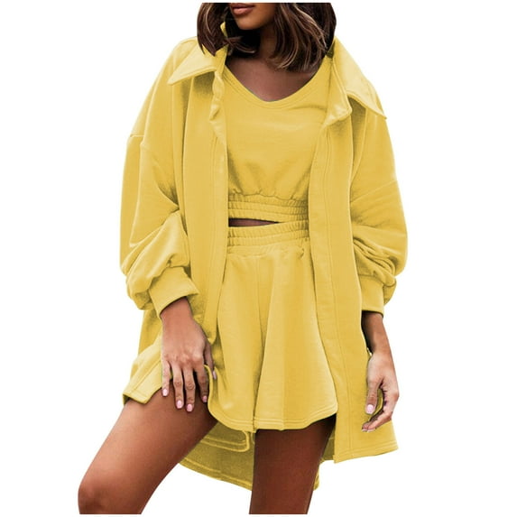VBVC No Boundarie Women's 3 Piece Long Sleeve Coat Outfit,Ladies Ladies Crop Top and Shorts Set,Summer Lounge Sets For Women,Yellow,Size XXXXXL