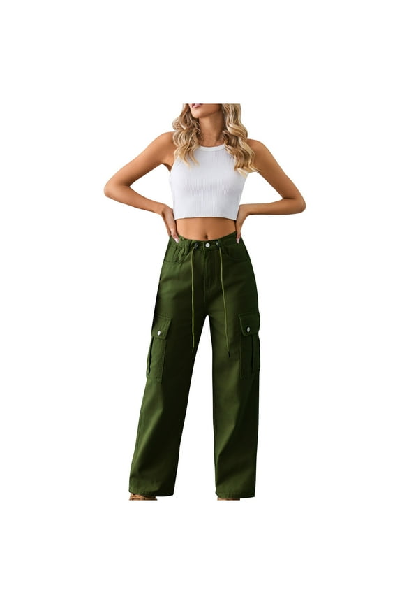 No Boundarie Women's Casual Cargo Tied Pants,2 Flap Pocket Trousers For Ladies,Women's Y2K High Waist Jeans,Army Green,SizeM