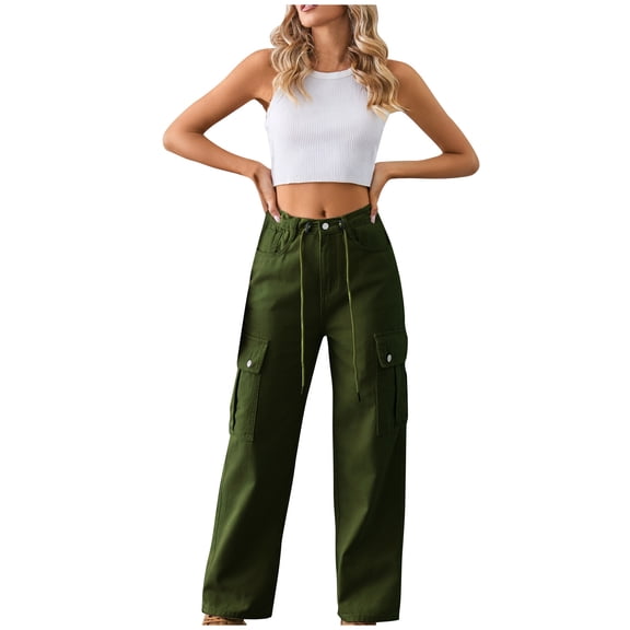 VBVC No Boundarie Women's Casual Cargo Tied Pants,2 Flap Pocket Trousers For Ladies,Women's Y2K High Waist Jeans,Army Green,SizeS