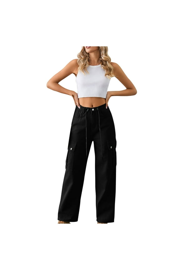 No Boundarie Women's Casual Cargo Tied Pants,2 Flap Pocket Trousers For Ladies,Women's Y2K High Waist Jeans,Black,SizeXL