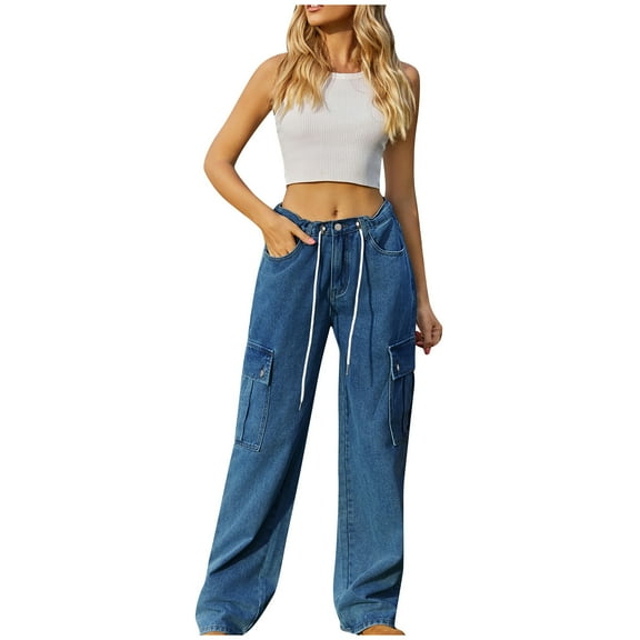 VBVC No Boundaries Women's Casual Cargo Tied Pants,2 Flap Pocket Trousers For Ladies,Women's Y2K High Waist Jeans,Dark Blue,SizeM