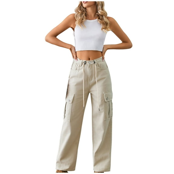 VBVC No Boundaries Women's Casual Cargo Tied Pants,2 Flap Pocket Trousers For Ladies,Women's Y2K High Waist Jeans,Khaki,SizeM