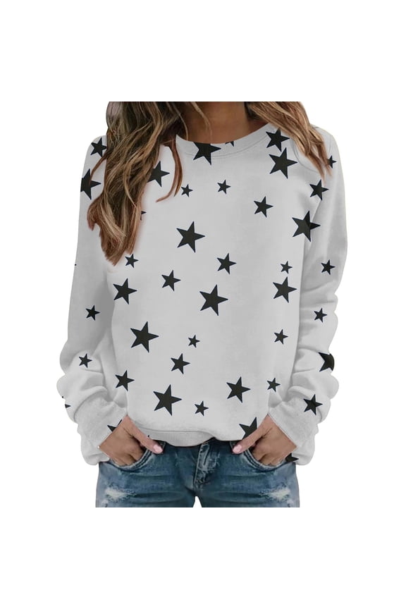 No Boundarie Women's Crew Neck Long sleeve Pullover Tops,Womens Star Graphic Sweatshirt,Ladies' Printed Cozy Blouse,White,Size XXL