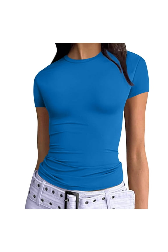 No Boundarie Women's Crew Neck Short Sleeve Tops,Slim Fit T Shirts For Women,Womens Sexy Solid Color Crop Top Y2k,*Blue,Size XS