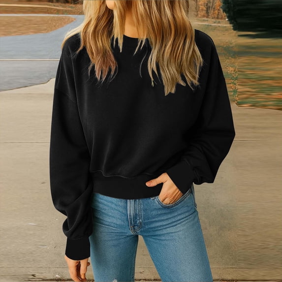 VBVC Women's Crewneck Crop Tops ,Long Sleeves Pullover, Women Workout Casual Pullover,Black,Size L