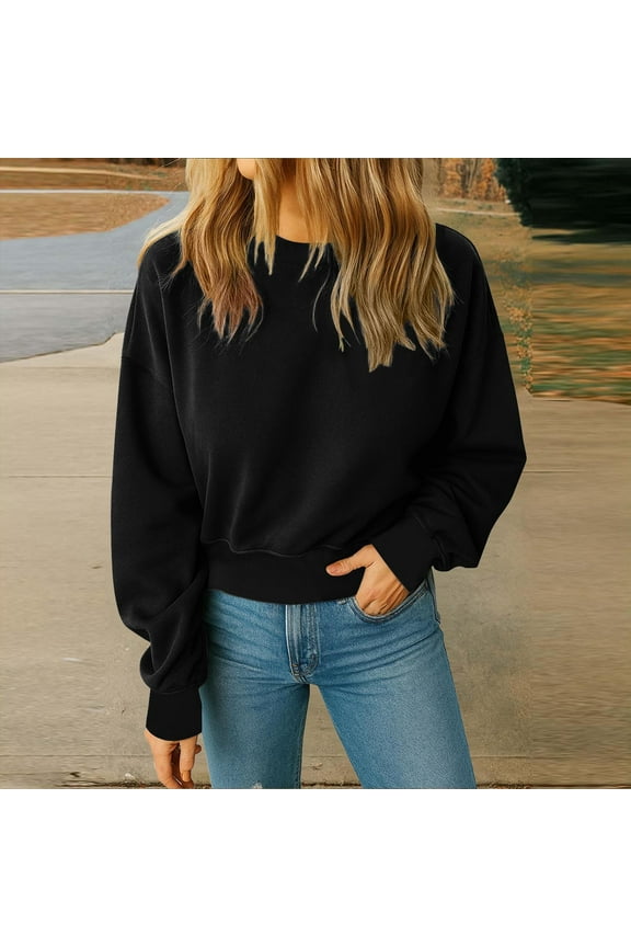 Women's Crewneck Crop Tops ,Long Sleeves Pullover, Women Workout Casual Pullover,Black,Size XL