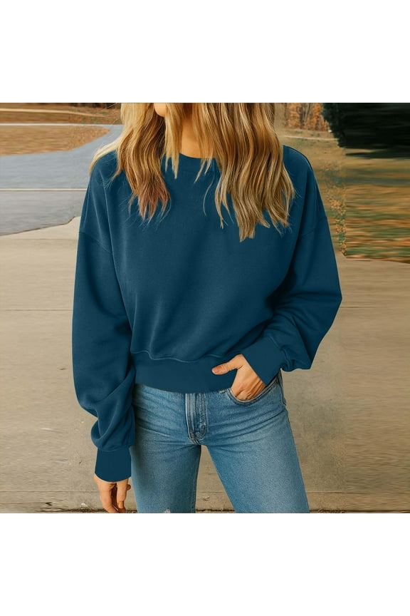 Women's Crewneck Crop Tops ,Long Sleeves Pullover, Women Workout Casual Pullover,Navy,Size L