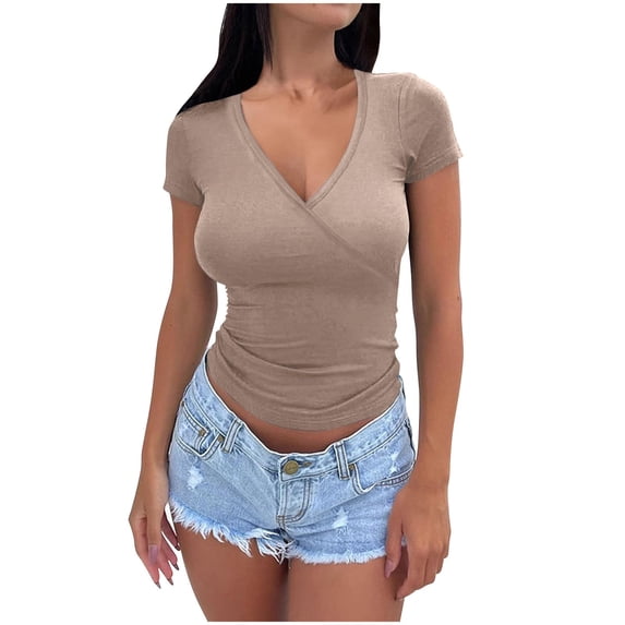 VBVC No Boundarie Women's Deep V Neck T-Shirts,Ladies Short Sleeve Blouse Tops,Slim Fit Sexy Tunic Tops For Women,*Khaki,Size L