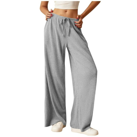 VBVC No Boundarie Women's Drawstring Ribbed Kitted Pants,Ladies Baggy Wide Leg Lounge Trousers,Breathable Stretchy Sweatpants For Women,Gray,Size S