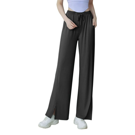 VBVC No Boundarie Womens Wide Leg Yoga Sweatpants,Women's Adjustable Tie Knot Loose Pants,Straight Leg Side Slit Pants With Pockets,Black,SizeM