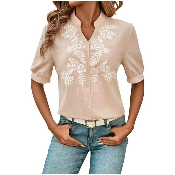 VBVC No Boundarie Women's Embroidered Blouse,Womens V Neck Short Sleeve Shirts,Plus Size Going Out Tops For Women,*Khaki,Size L