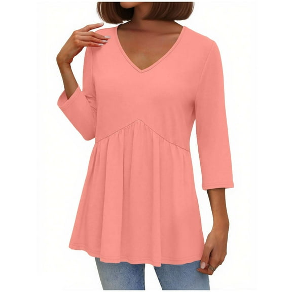 VBVC Women's Fall 3/4 Sleeve Pullover,Ladies Lightweight Solid Color Blouse,Oversized Vacation Beach Shirt,Orange,Size S