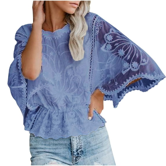 VBVC Women's Fashion Summer Causal Solid Color V-Neck Lace Splicing Half Sleeve Blouse Tops,*Blue,Size M