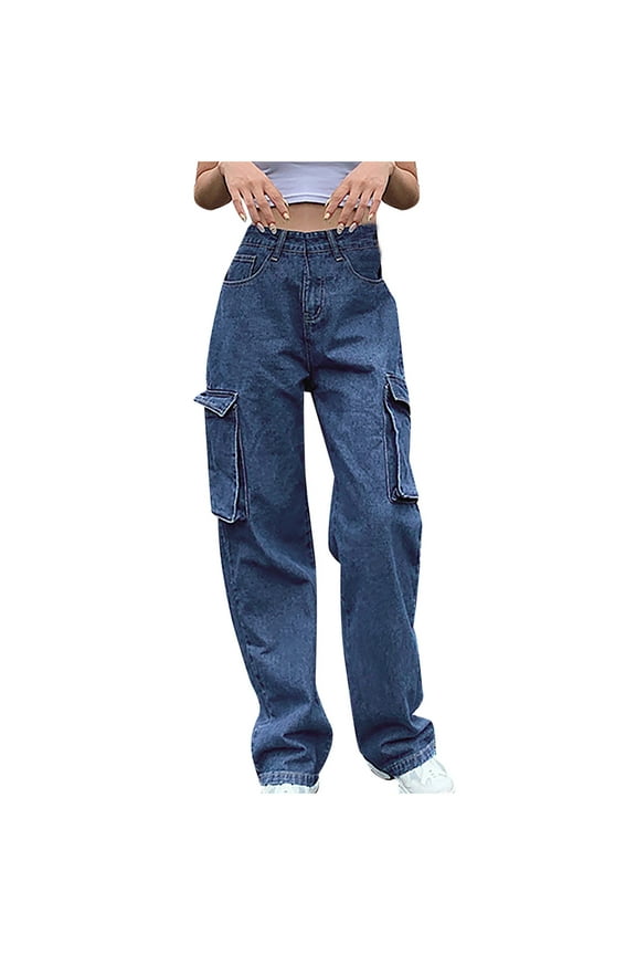 No Boundarie Women's Flap Pocket Cargo Jeans,Womens Y2K Stretch Wide Leg Denim Pants,High Waisted Straight Trousers For Ladies,Blue,Size XS