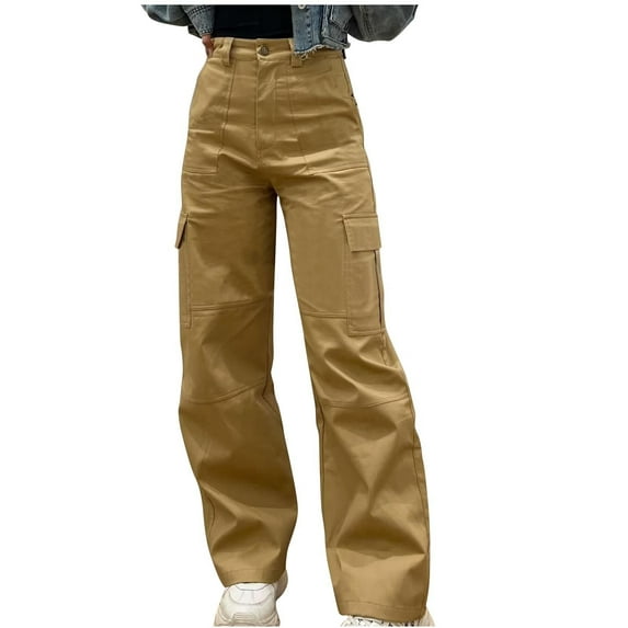 VBVC No Boundarie Women's Flap Pocket Cargo Jeans,Womens Y2K Stretch Wide Leg Denim Pants,High Waisted Straight Trousers For Ladies,Khaki,Size S
