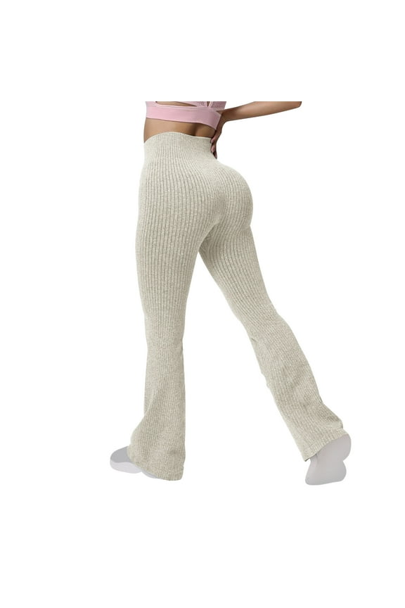 No Boundarie Women's Flare Knitted Leggings,High Waisted Yoga Pants For Women,Ladies Hip Lift Bell Bottom,Beige,SizeS