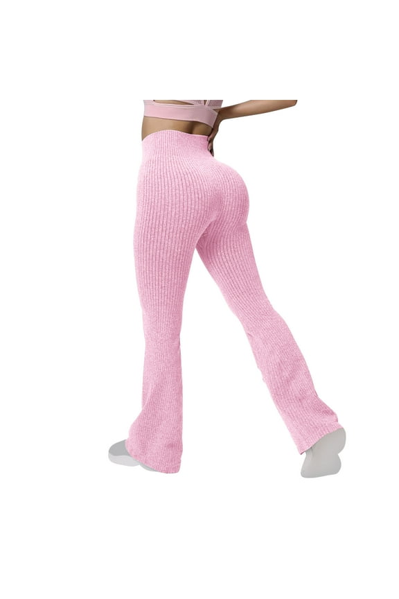 No Boundarie Women's Flare Knitted Leggings,High Waisted Yoga Pants For Women,Ladies Hip Lift Bell Bottom,Pink,SizeXL