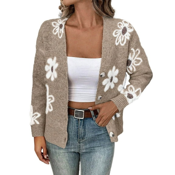 VBVC No Boundaries Women's Floral Print Sweater,Open Front Knit Cardigan For Women,Ladies Y2k Cropped Jacket Coats,Khaki,Size XL