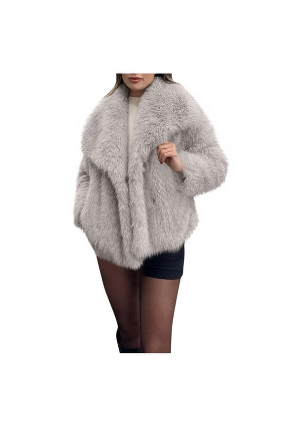 No Boundarie Women's Fuzzy Faux Fur Coats,Oversized Shawl Collar Jackets For Women,Ladies Warm Winter Fashion Piece,Gray,Size S