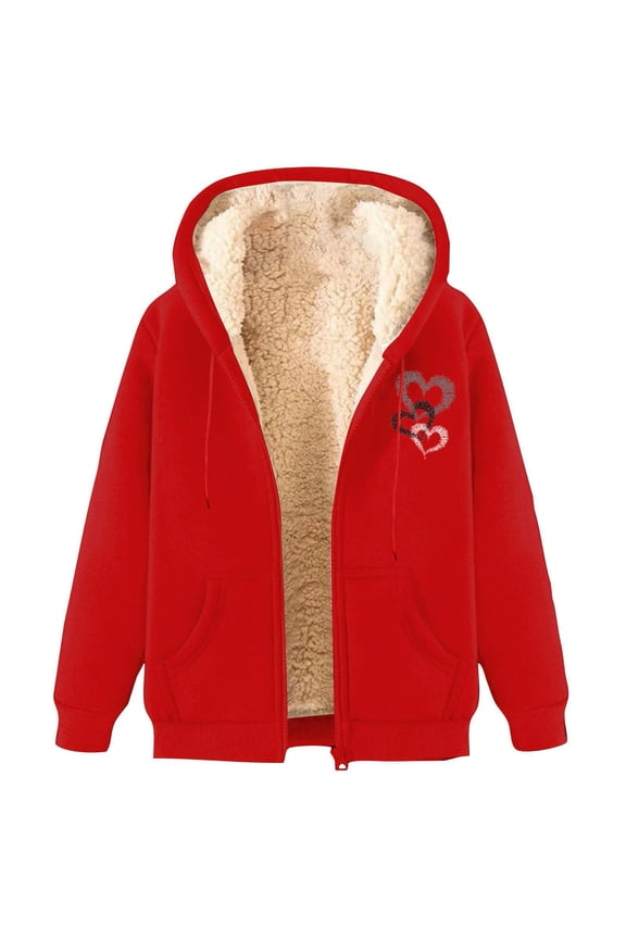 No Boundarie Women's Heart-Embellished Hooded Jackets,Full-Zip Fall Winter Hoodies For Women,Ladies Winter Outerwear with Pockets,Red,Size XXL