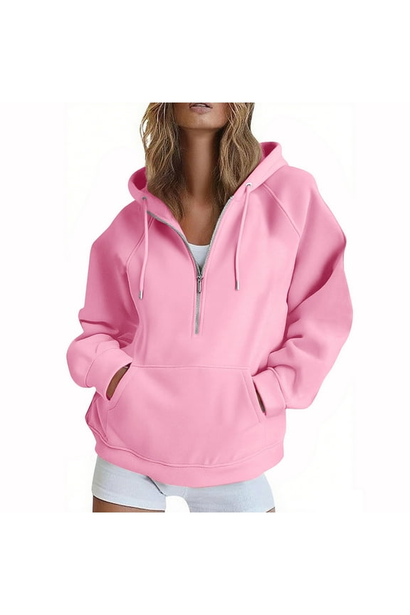 No Boundarie Women's Hoodie Half Zip Pullover,Oversized Sweatshirts For Women Y2k,Womens Long Sleeve Tops,Pink,Size XXL