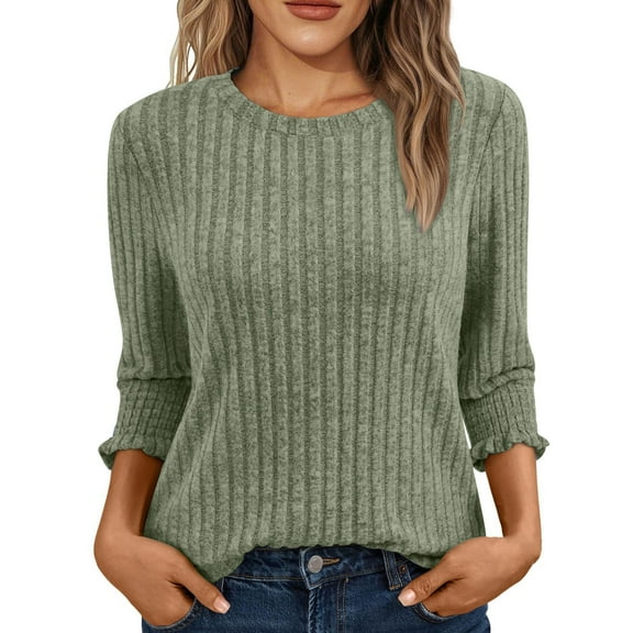VBVC No Boundarie Women's Long Sleeve Shirts,Knitted Casual Blouses,Women's Crewneck Fitted Pullover Tops,Green,Size S