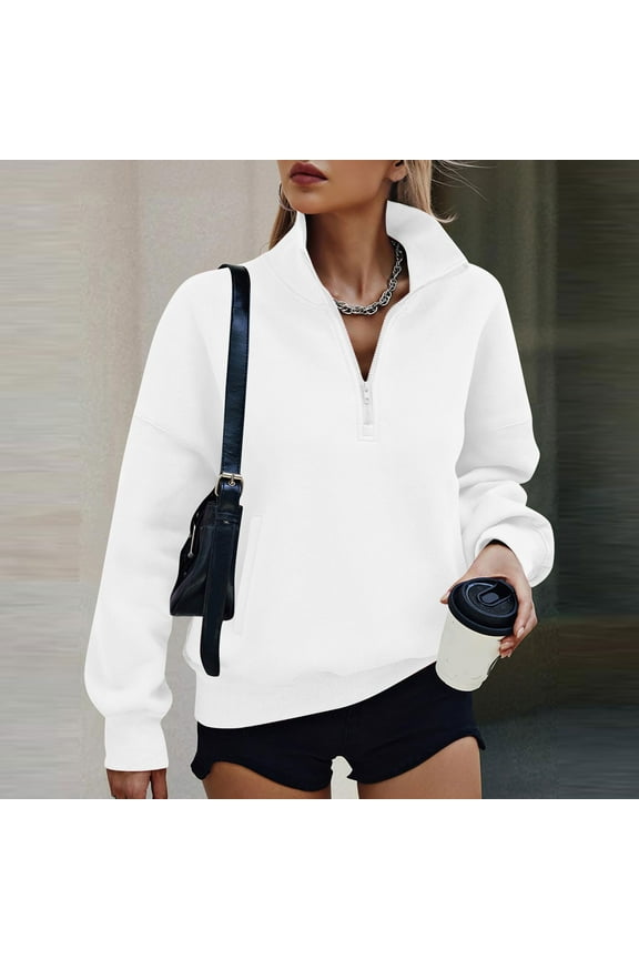 Women's Long Sleeve Shirts,Women Pullover Tops,Half Zip Sweatshirts Trendy Y2K,White, Size M
