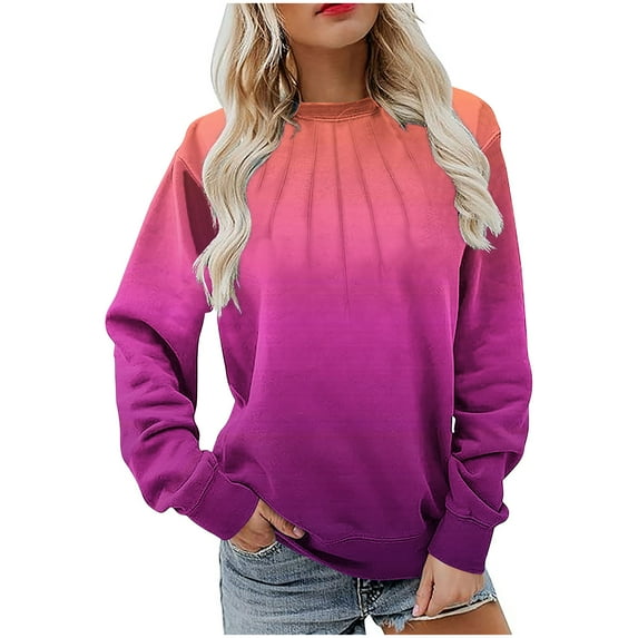 VBVC No Boundarie Women's Long Sleeve Tops,Womens Casual Crewneck Sweatshirt,Loose Gradient Colored Pullover For Women,Hot Pink,Size S