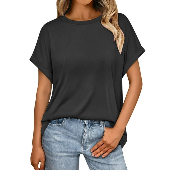 VBVC No Boundaries Women's Oversized Round Neck Short Sleeve T Shirts,Womens Causal Solid Color Tops,Basic Tees Tops for Women,*1-Black,Size S