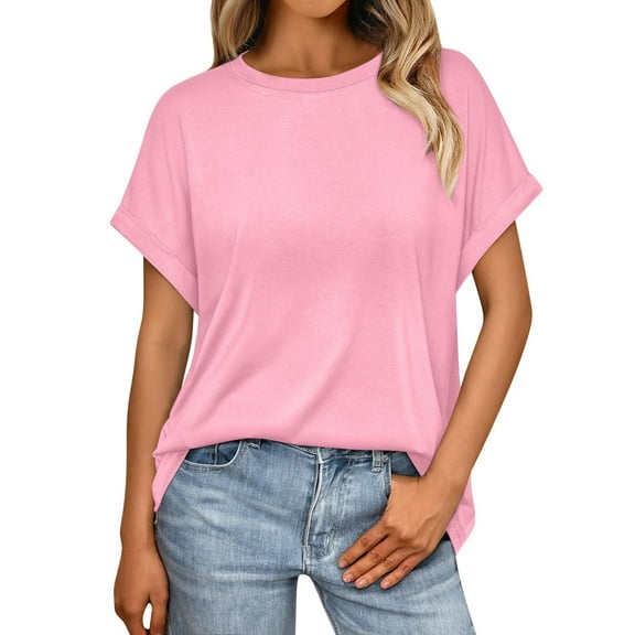 VBVC No Boundaries Women's Oversized Round Neck Short Sleeve T Shirts,Womens Causal Solid Color Tops,Basic Tees Tops for Women,*1-Pink,Size XL
