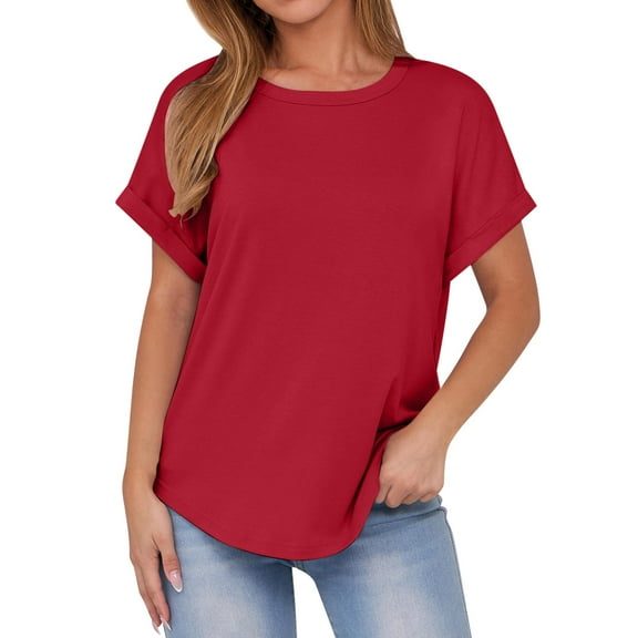 VBVC No Boundaries Women's Oversized Round Neck Short Sleeve T Shirts,Womens Causal Solid Color Tops,Basic Tees Tops for Women,*Red,Size XL