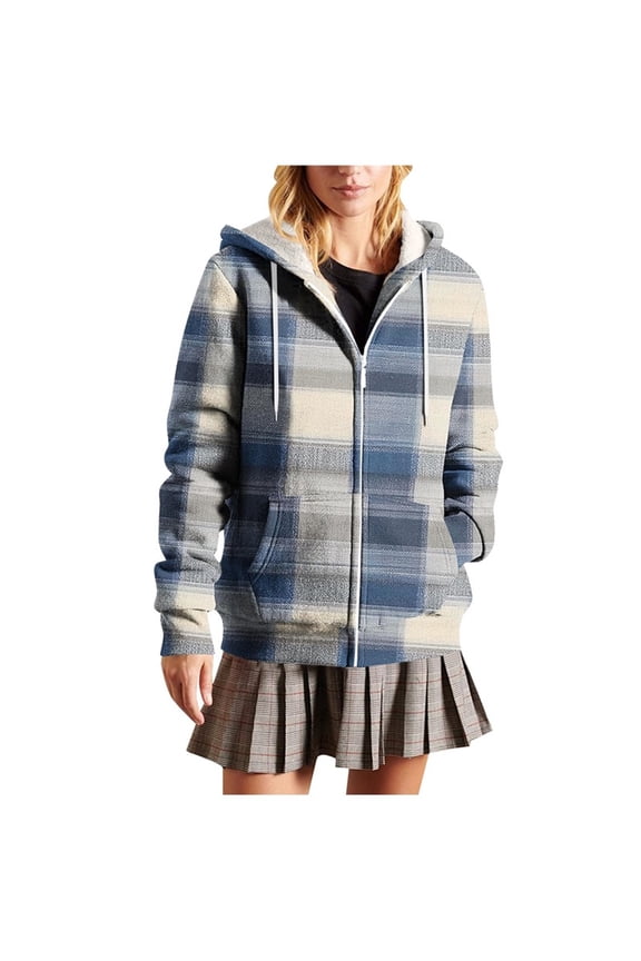No Boundarie Women's Plaid Flannel Zip Up Hoodie,Ladies Sherpa Lined Jacket with Pockets,Fall Winter Thick Shacket Coat For Women,Blue,Size S