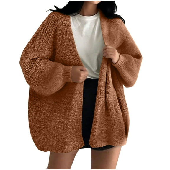 VBVC No Boundaries Women's Plus Knit Cardigans,Ladies Spring Lantern Sleeve Sweaters,Open Front Outerwear Coats For Women,Gold,Size L