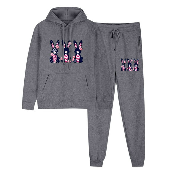 VBVC No Boundarie Women's Plus Size 2 Piece Sweatsuits,Ladies Easter Print Matching Lounge Sets,Drawstring Pullover Hoodies For Women,Gray,Size M