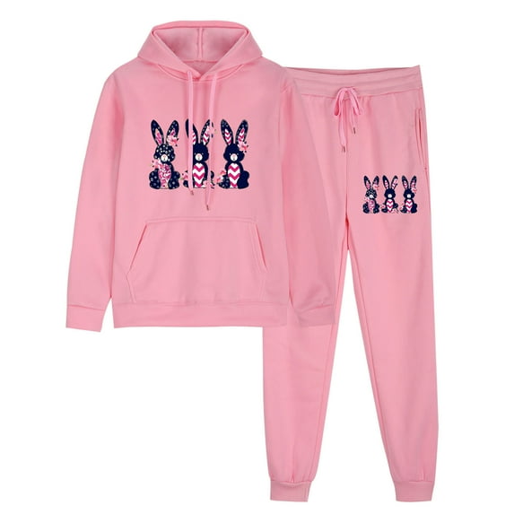 VBVC No Boundarie Women's Plus Size 2 Piece Sweatsuits,Ladies Easter Print Matching Lounge Sets,Drawstring Pullover Hoodies For Women,Pink,Size XL